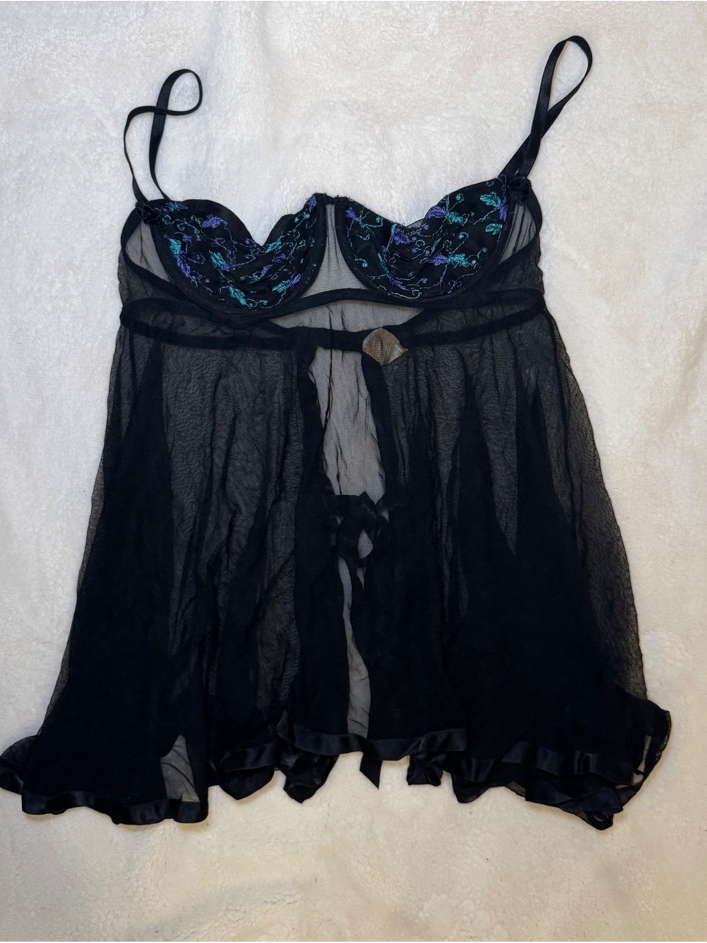 Sheer Black Embroidered Balconette Babydoll Nightie